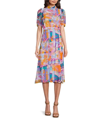 Julia Jordan Printed Chiffon Mock Neck Short Sleeve Blouson Midi Dress