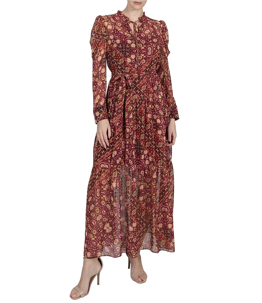 Julia Jordan Printed Chiffon Tie Neck Long Puff Sleeve Belted A-Line Dress