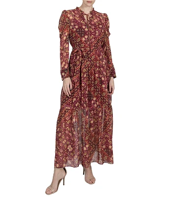 Julia Jordan Printed Chiffon Tie Neck Long Puff Sleeve Belted A-Line Dress