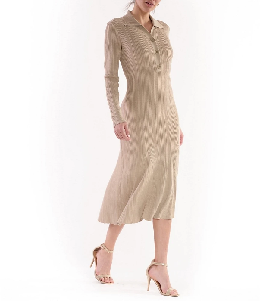 Julia Jordan Rib Knit Button Down Collar Long Sleeve Fit and Flare Midi Dress