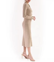 Julia Jordan Rib Knit Button Down Collar Long Sleeve Fit and Flare Midi Dress