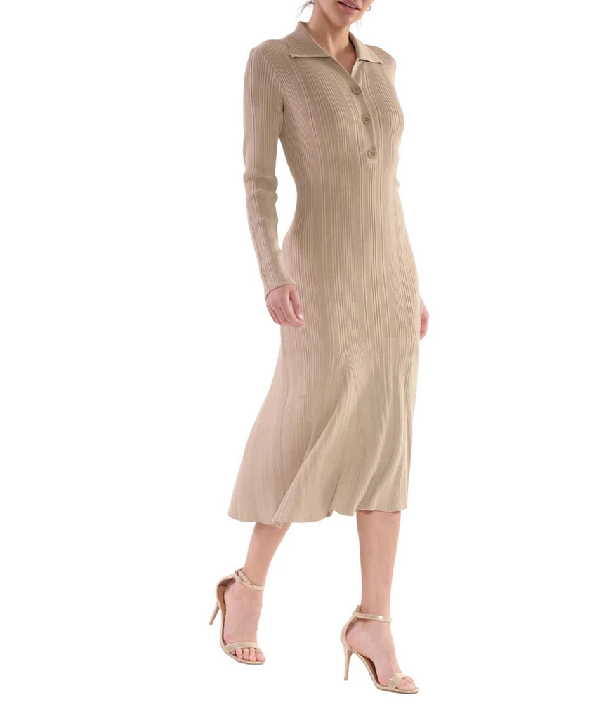 Julia Jordan Rib Knit Button Down Collar Long Sleeve Fit and Flare Midi Dress