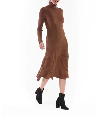 Julia Jordan Rib Knit Turtle Neck Long Sleeve Flounce Hem Midi Sweater Dress