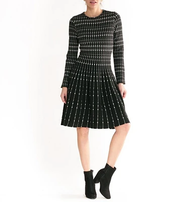 Julia Jordan Round Neck Dotted Long Sleeve Knit A-Line Dress