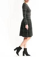 Julia Jordan Round Neck Dotted Long Sleeve Knit A-Line Dress