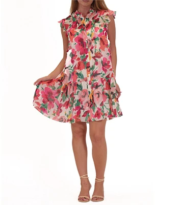 Julia Jordan Ruffle Shoulder Floral Print Chiffon Shift Dress