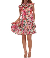 Julia Jordan Ruffle Shoulder Floral Print Chiffon Shift Dress