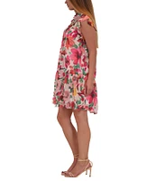 Julia Jordan Ruffle Shoulder Floral Print Chiffon Shift Dress