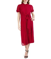 Julia Jordan Ruffled Mock Neck Short Puff Sleeve Tie Waist Midi Dress