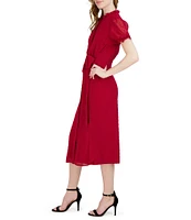 Julia Jordan Ruffled Mock Neck Short Puff Sleeve Tie Waist Midi Dress