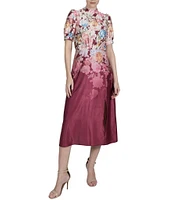 Julia Jordan Satin Floral Mock Neck Short Puff Sleeve Midi Dress