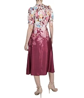 Julia Jordan Satin Floral Mock Neck Short Puff Sleeve Midi Dress