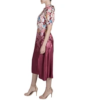 Julia Jordan Satin Floral Mock Neck Short Puff Sleeve Midi Dress