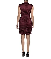 Julia Jordan Satin Mock Neck Sleeveless Gathered Mini Dress