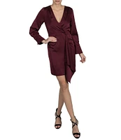 Julia Jordan Satin Surplice V-Neck Long Sleeve Front Drape A-Line Dress