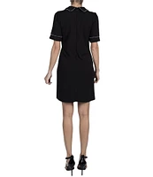 Julia Jordan Scuba Crepe Pearl Trim Collar Neck Bow Front Short Sleeve Front Pocket Mini Dress