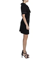 Julia Jordan Scuba Crepe Pearl Trim Collar Neck Bow Front Short Sleeve Front Pocket Mini Dress