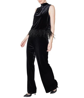 Julia Jordan Sleeveless Velvet 2-Piece Mock Neck Feather Trim Wide Leg Pant Set