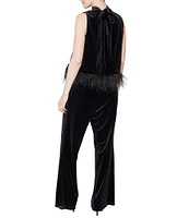 Julia Jordan Sleeveless Velvet 2-Piece Mock Neck Feather Trim Wide Leg Pant Set