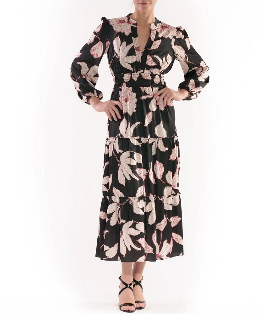 Julia Jordan Split V Floral Print Satin Midi Dress