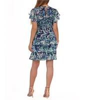 Julia Jordan Split-V Neck Printed Chiffon Tiered Shift Dress