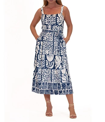 Julia Jordan Square Neck Tropical Printed Linen A-Line Midi Dress