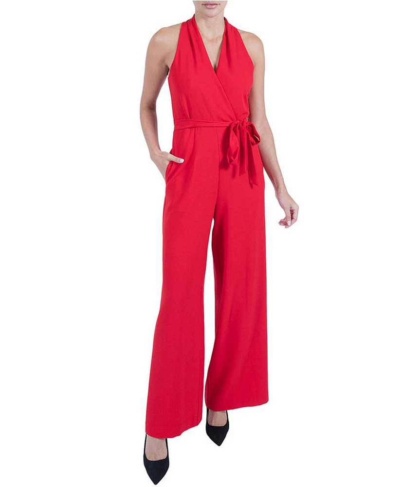 Julia Jordan Stretch Crepe Halter Surplice V-Neck Sleeveless Wide Leg Jumpsuit