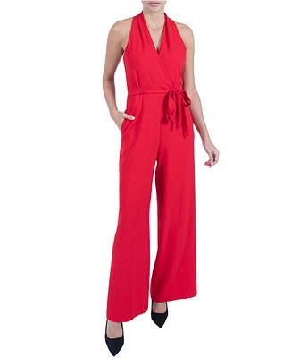 Julia Jordan Stretch Crepe Halter Surplice V-Neck Sleeveless Wide Leg Jumpsuit