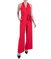 Julia Jordan Stretch Crepe Halter Surplice V-Neck Sleeveless Wide Leg Jumpsuit