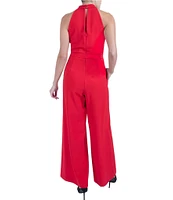 Julia Jordan Stretch Crepe Halter Surplice V-Neck Sleeveless Wide Leg Jumpsuit