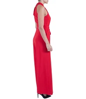 Julia Jordan Stretch Crepe Halter Surplice V-Neck Sleeveless Wide Leg Jumpsuit