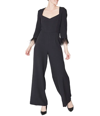 Julia Jordan Stretch Crepe Sweetheart Neck 3/4 Sleeve Feather Trim Jumpsuit