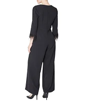 Julia Jordan Stretch Crepe Sweetheart Neck 3/4 Sleeve Feather Trim Jumpsuit