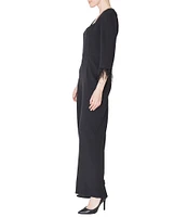 Julia Jordan Stretch Crepe Sweetheart Neck 3/4 Sleeve Feather Trim Jumpsuit