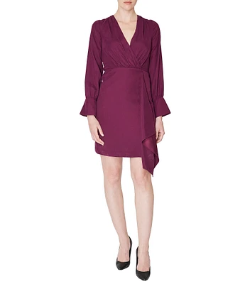 Julia Jordan Stretch Faux Suede Surplice V-Neck Long Sleeve Ruffle Front Dress