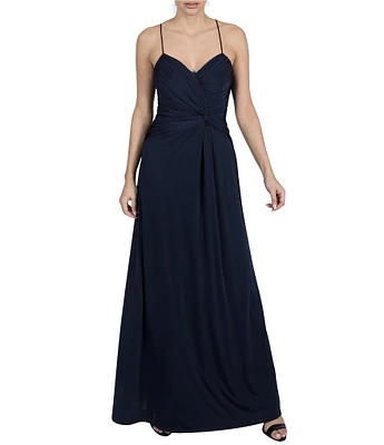 Julia Jordan Stretch Satin Jersey Knit Sweetheart Neck Sleeveless Front Twist Drape A-Line Maxi Dress