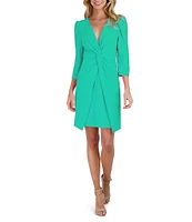 Julia Jordan Stretch V-Neck 3/4 Sleeve Knot Waist Sheath Dress