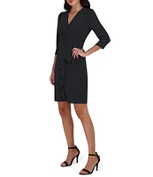 Julia Jordan Pleated Surplice V-Neck 3/4 Sleeve Ruffled Front Dress