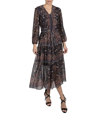 Julia Jordan V-Neck 3/4 Sleeve Paisley Print Chiffon Midi Dress