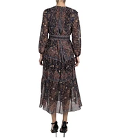 Julia Jordan V-Neck 3/4 Sleeve Paisley Print Chiffon Midi Dress