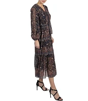 Julia Jordan V-Neck 3/4 Sleeve Paisley Print Chiffon Midi Dress