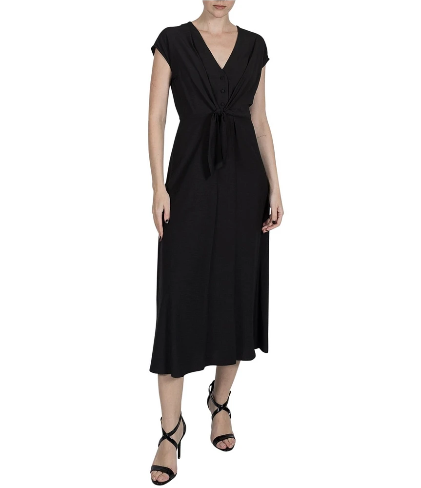 Julia Jordan V-Neck Short Sleeve Button Tie Front Midi Dress