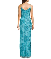 Jump Floral Beaded V-Neck Spaghetti Strap Side Slit Gown