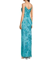 Jump Floral Beaded V-Neck Spaghetti Strap Side Slit Gown