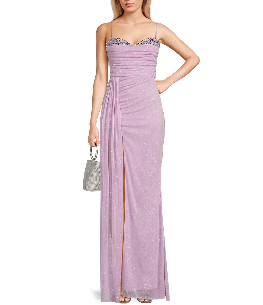 Jump Glitter Embellished Bust Sweetheart Neck Spaghetti Strap Sash Side Slit Gown