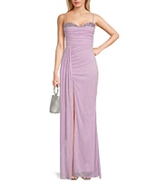 Jump Glitter Embellished Bust Sweetheart Neck Spaghetti Strap Sash Side Slit Gown