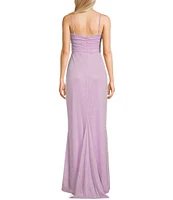Jump Glitter Embellished Bust Sweetheart Neck Spaghetti Strap Sash Side Slit Gown