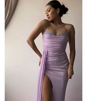 Jump Glitter Embellished Bust Sweetheart Neck Spaghetti Strap Sash Side Slit Gown
