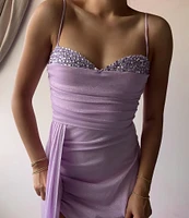 Jump Glitter Embellished Bust Sweetheart Neck Spaghetti Strap Sash Side Slit Gown