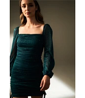 Jump Glitter Square Neck Ruched Long Sleeves With Ties At Hemline Dress